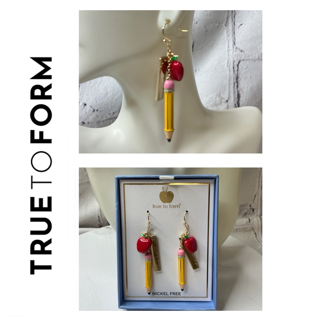 True To Form Pencil Ruler Apple Dangle Earrings 39$